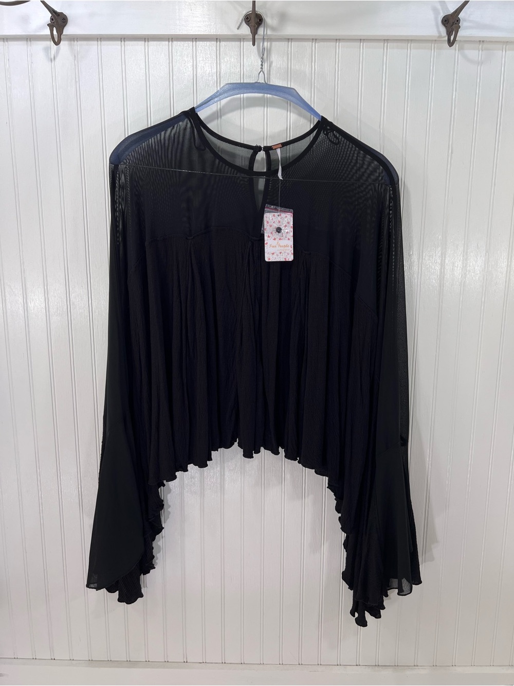 Free People On The Weekend Batwing Bell Sleeve Top L Black Whimsigoth Boho NWT